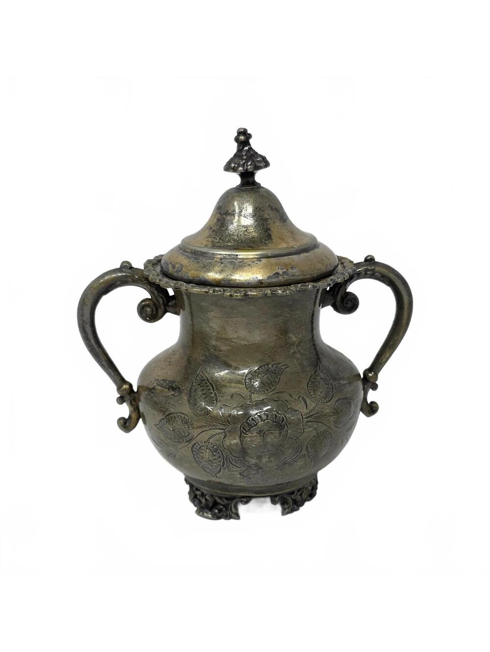 Antique Van Bergh Quadruple Plate Covered Sugar Bowl Floral Silverplate